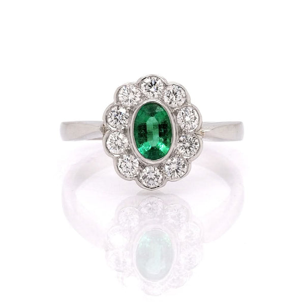 Jewellery Platinum, Oval Emerald and Diamond Cluster Ring, emerald 0.37cts, diamond 0.40cts