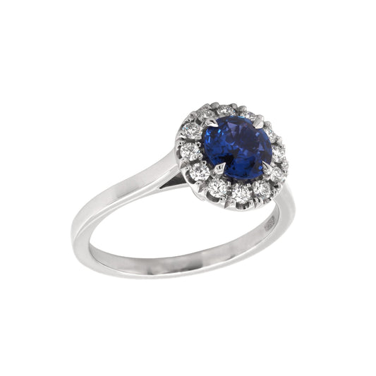 Jewellery Round Sapphire and Diamond Cluster Engagement Ring In 18 Carat White Gold