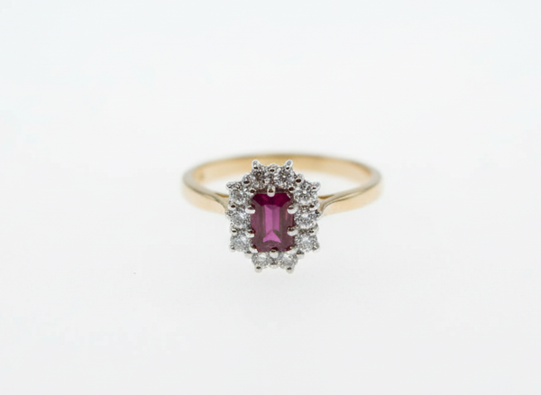 Ruby And Diamond Cluster Engagement Ring In 18 ct Yellow Gold