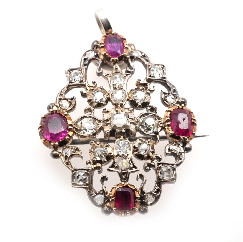 Silver and 9ct Yellow Gold Georgian Red Stone and Diamond Set Brooch/Pendant