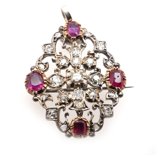 Silver and 9ct Yellow Gold Georgian Red Stone and Diamond Set Brooch/Pendant
