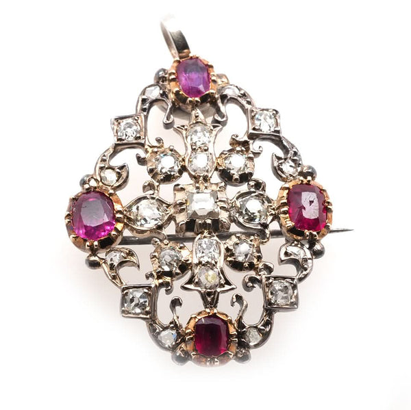Silver and 9ct Yellow Gold Georgian Red Stone and Diamond Set Brooch/Pendant
