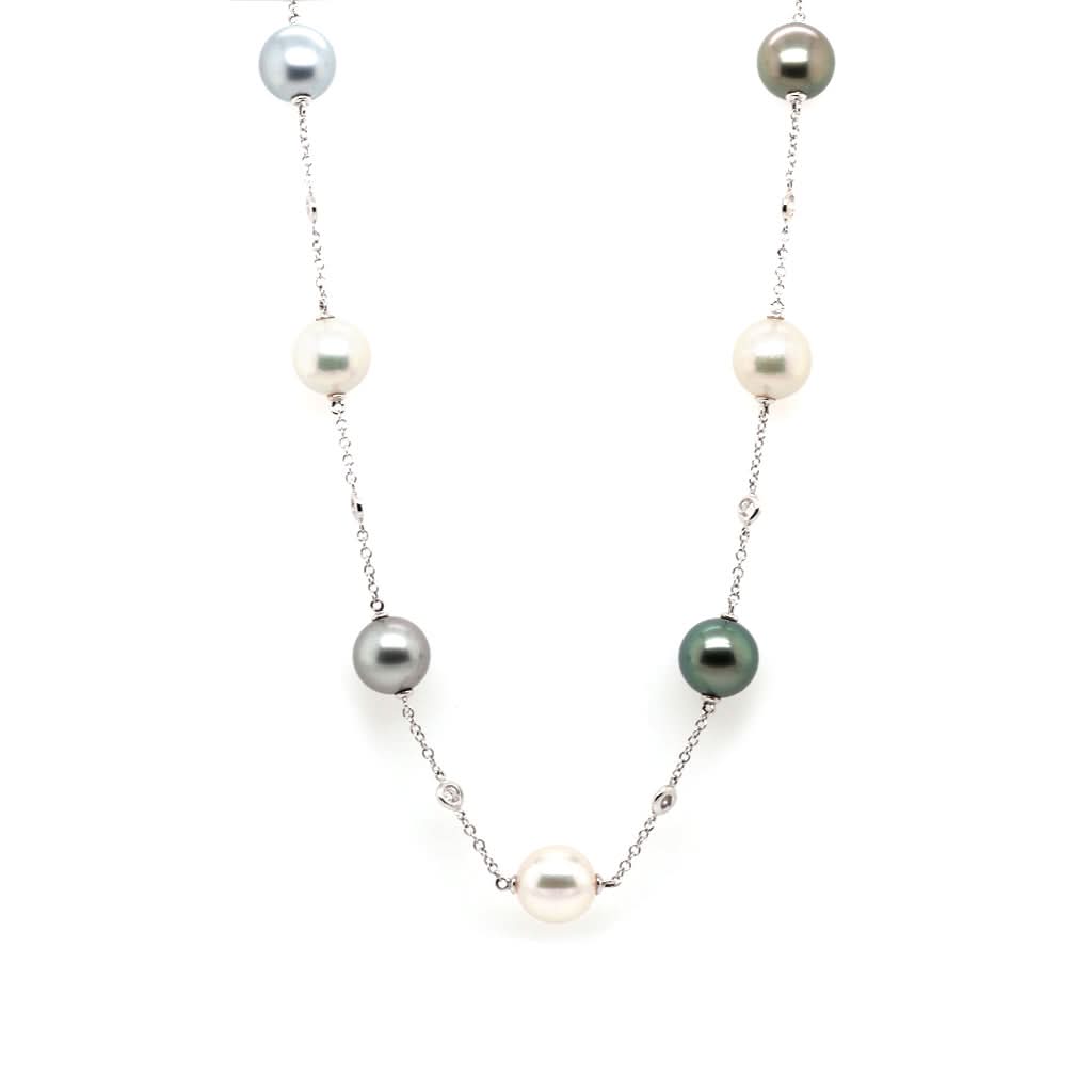 Jewellery Single Row of Spaced White Akoya and Tahitian Pearls with Diamonds Between on 18ct White Gold Chain