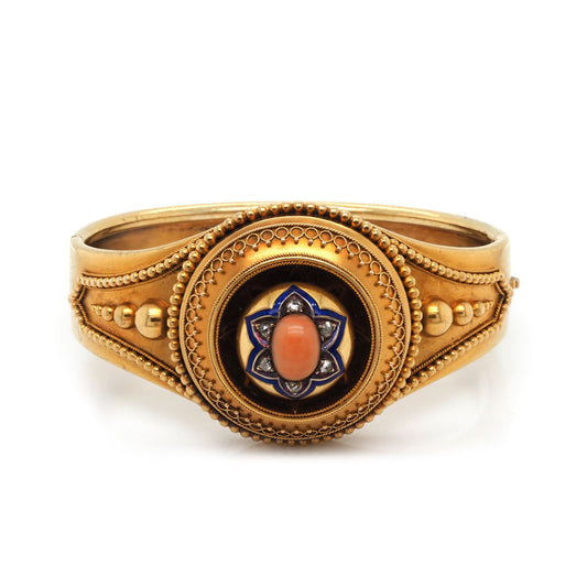 Jewellery Victorian 15ct Yellow Gold Ornate Hinged Coral-Set Mourning Bangle, c.1890