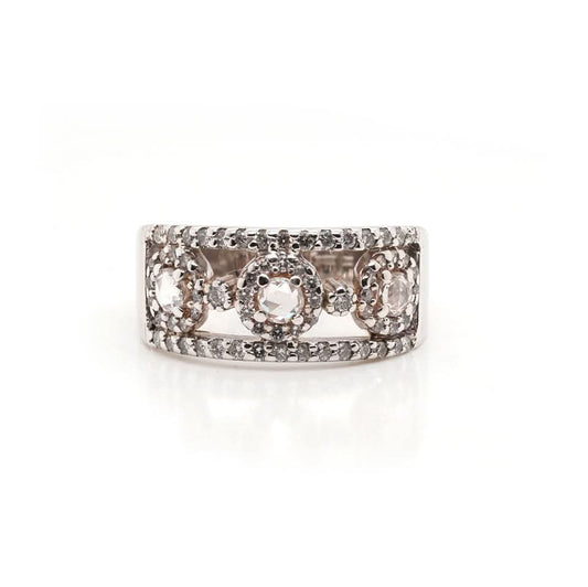 Jewellery Vintage 9ct White Gold Open Ornate Dress Ring Set with 3 Rose Cut Diamonds and Brilliant Cut Diamond Surround