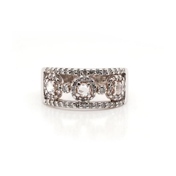 Jewellery Vintage 9ct White Gold Open Ornate Dress Ring Set with 3 Rose Cut Diamonds and Brilliant Cut Diamond Surround