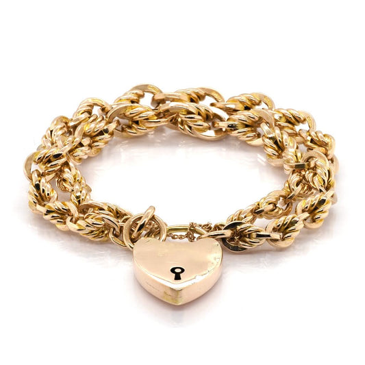 Jewellery Vintage 9ct Yellow Gold Double Chain Link Bracelet with Heart Padlock
