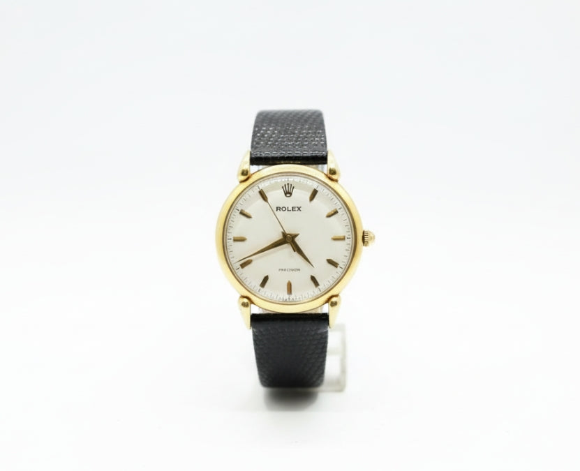 Rolex Precision Yellow Gold Watch on black leather strap, white dial