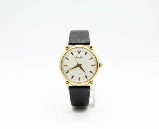 Rolex Precision Yellow Gold Watch on black leather strap, white dial