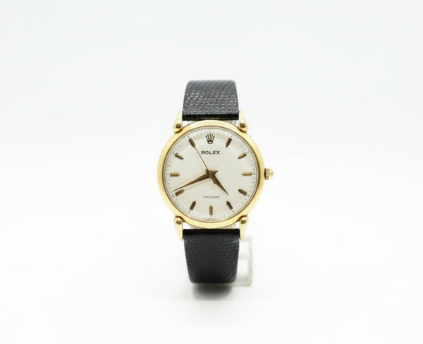 Rolex Precision Yellow Gold Watch on black leather strap, white dial