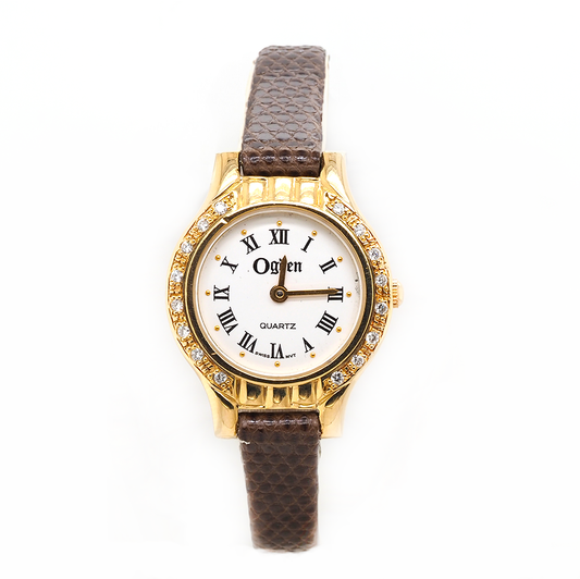 Ogden Yellow Gold Diamond-Set Cocktail Quartz Watch with brown leather strap, white dial