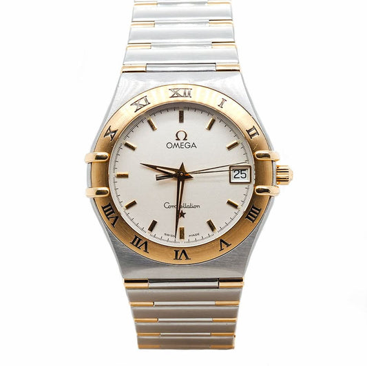 Omega Yellow Gold and Stainless Steel Manhattan Constellation Quartz Watch with white dial and date window