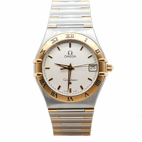 Omega Yellow Gold and Stainless Steel Manhattan Constellation Quartz Watch with white dial and date window
