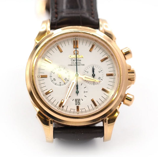 Omega DeVille Chronometer in yellow gold with white dial and black leather strap