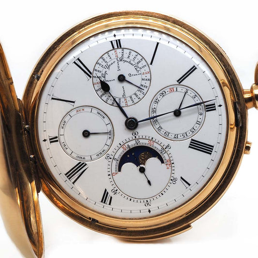 Yellow Gold Minute Repeater Full Hunter Pocket Watch with Moonphase, white dial