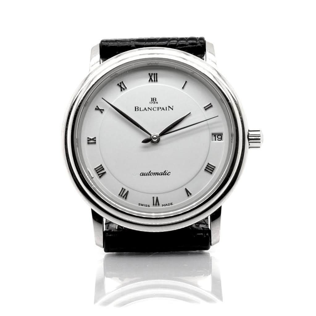 Blancpain Villeret Automatic Ultra-Slim Date Watch in stainless steel with a black leather strap and white dial