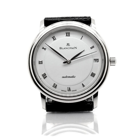 Blancpain Villeret Automatic Ultra-Slim Date Watch in stainless steel with a black leather strap and white dial