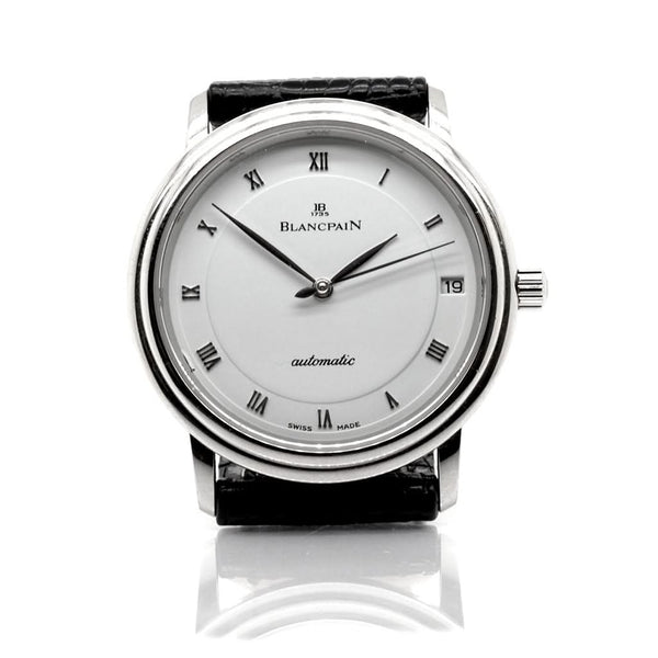 Blancpain Villeret Automatic Ultra-Slim Date Watch in stainless steel with a black leather strap and white dial