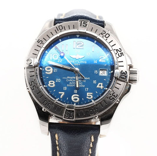 Breitling Superocean Steel Automatic Gents Watch with blue dial and leather strap