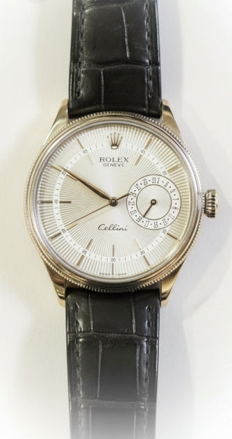 Rolex Cellini White Gold Watch on black leather strap, silver dial