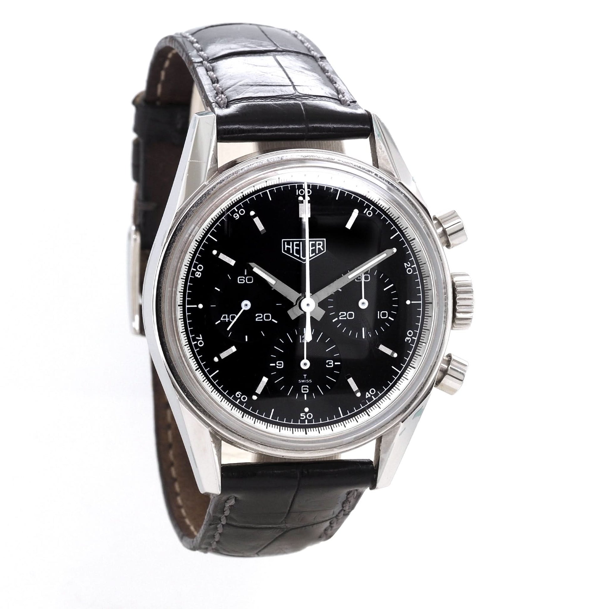 Heuer Carrera Re-Edition Manual Wind Steel Watch with black dial and black leather strap