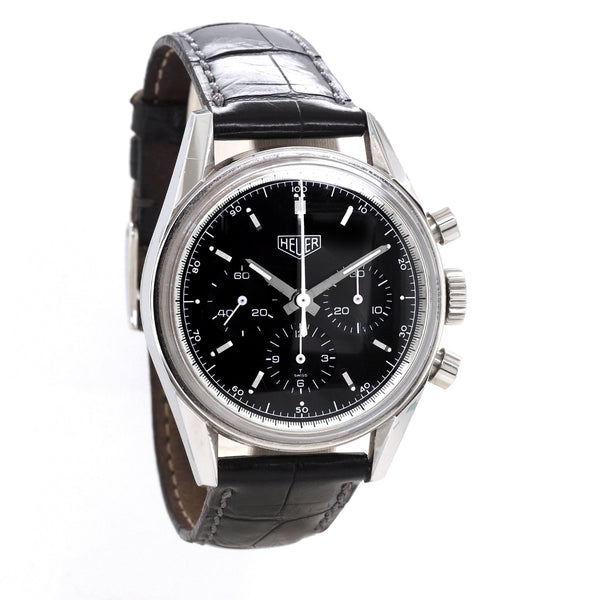 Heuer Carrera Re-Edition Manual Wind Steel Watch with black dial and black leather strap