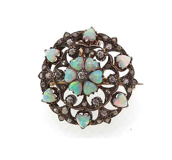 Antique Opal and Old-Cut Diamond Pendant Brooch, Circa 1910