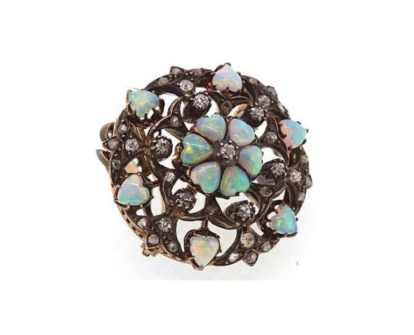 Antique Opal and Old-Cut Diamond Pendant Brooch, Circa 1910