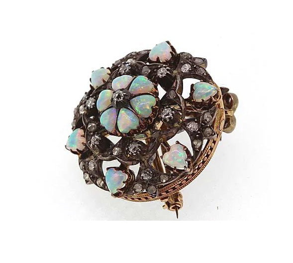 Antique Opal and Old-Cut Diamond Pendant Brooch, Circa 1910