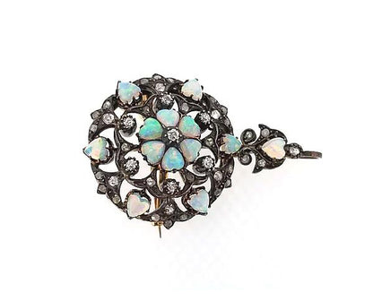 Antique Opal and Old-Cut Diamond Pendant Brooch, Circa 1910