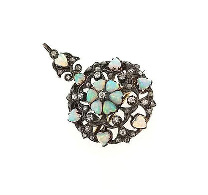 Antique Opal and Old-Cut Diamond Pendant Brooch, Circa 1910