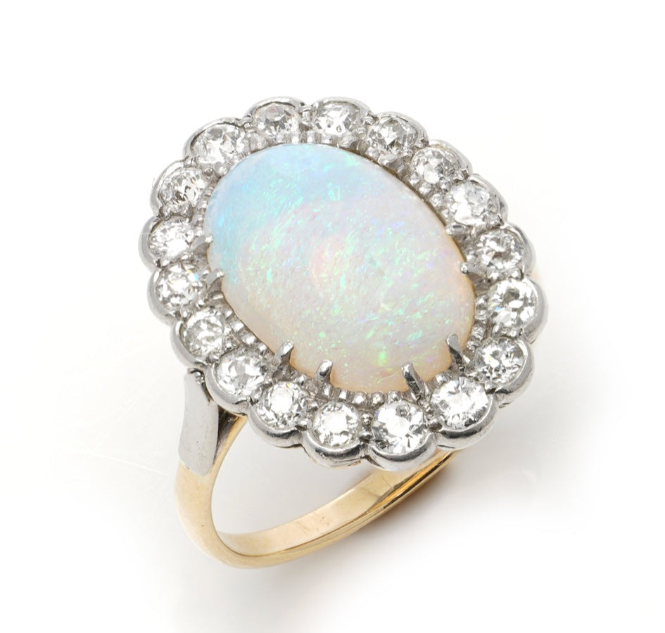 Antique Art Deco Opal and Diamond Cluster Ring, Oval Shape
