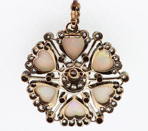 Antique Edwardian Opal Hearts and Diamond Brooch Pendant