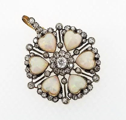 Antique Edwardian Opal Hearts and Diamond Brooch Pendant