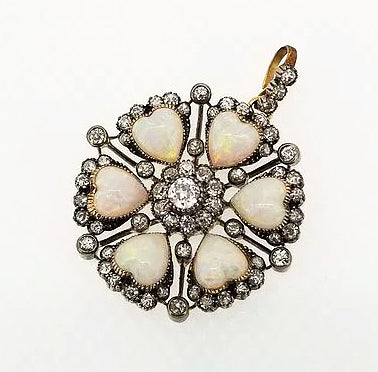 Antique Edwardian Opal Hearts and Diamond Brooch Pendant