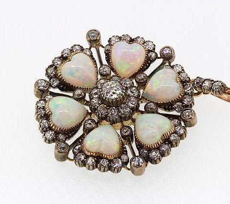 Antique Edwardian Opal Hearts and Diamond Brooch Pendant