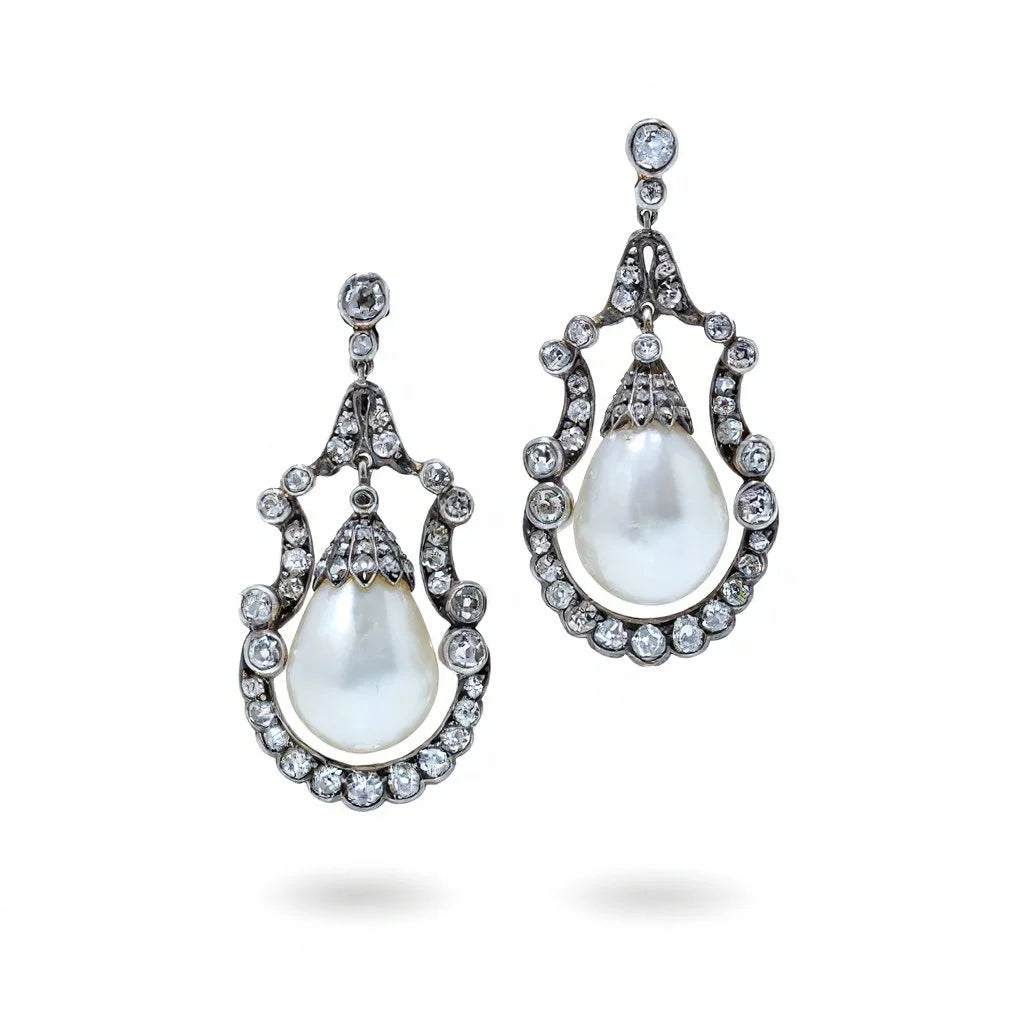 Victorian Antique Natural Pearl and Diamond Drop Earrings