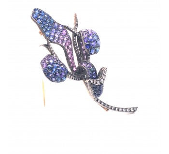 Shaded Sapphire and Diamond Orchid Flower Brooch, Silver and Gold