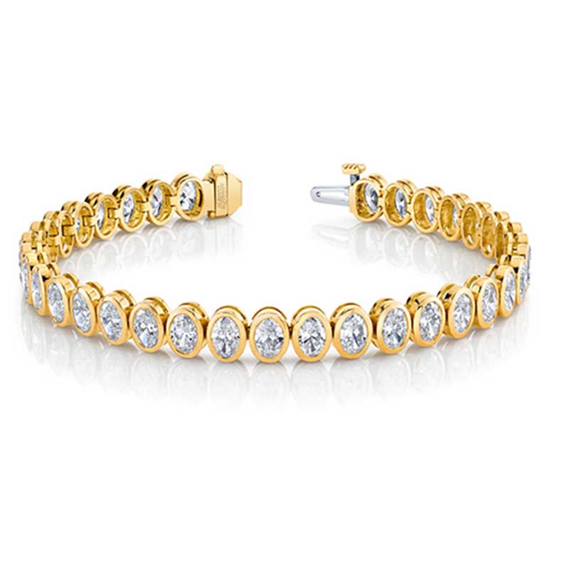 Oval Cut Diamond Line Tennis Bracelet, Yellow Gold Bezel 11 carats