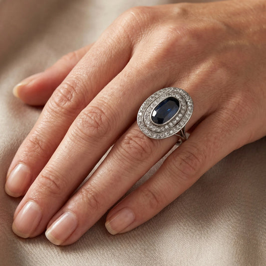 Art Deco Platinum Sapphire and Old Cut Diamond Ring Oval Large shape 