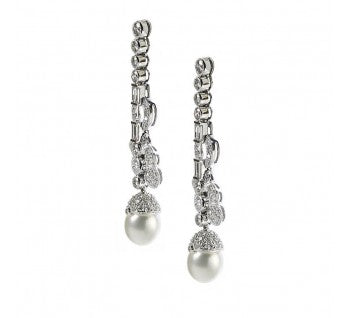 Edwardian Style Pearl Diamond and Platinum Drop Earrings, 2.81 carats