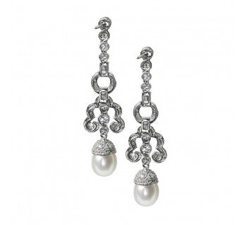 Edwardian Style Pearl Diamond and Platinum Drop Earrings, 2.81 carats