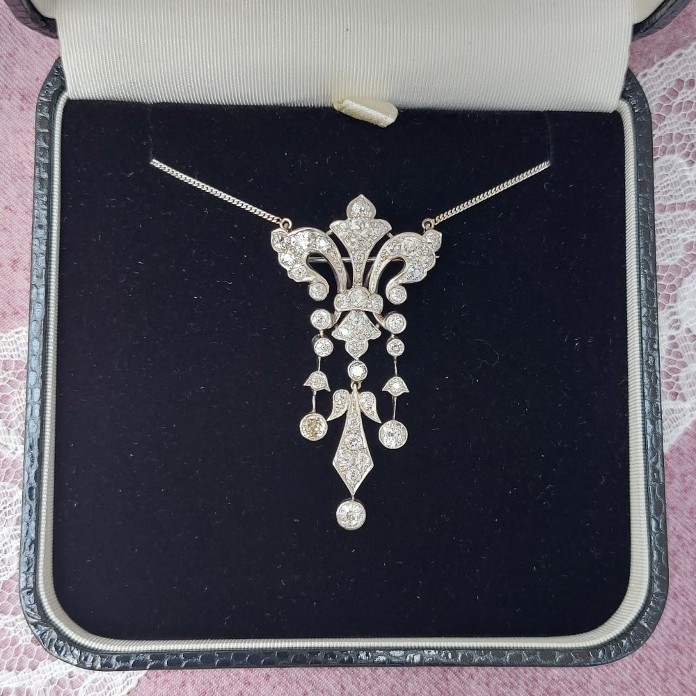 Antique Edwardian Old Cut Diamond Pendant Necklace