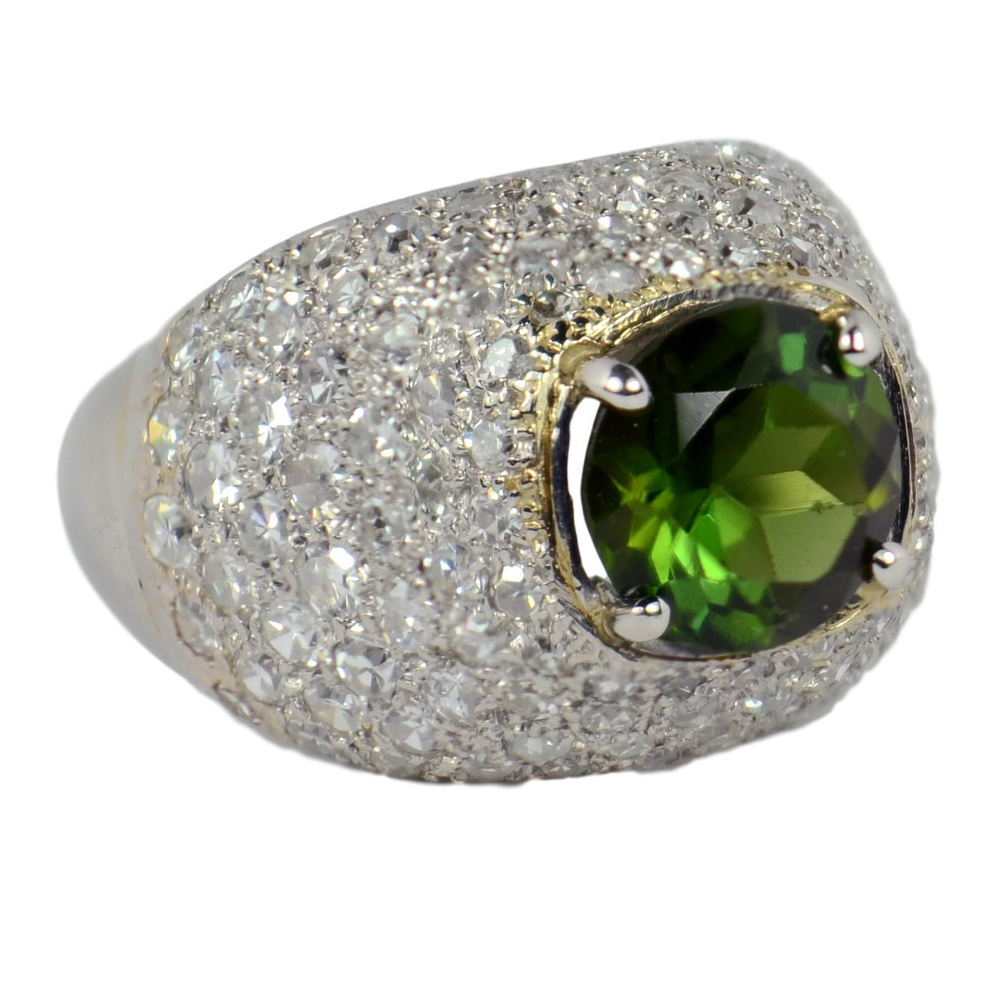 1.84ct Peridot, Diamond and Platinum Bombe Dome Dress Ring