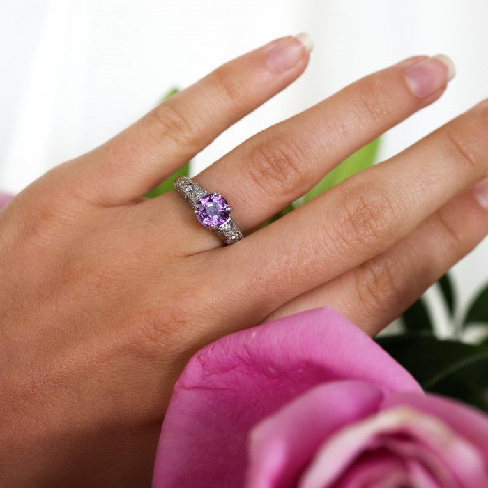 Pink Sapphire and Diamond Engagement Ring in Platinum, 1.57 carats