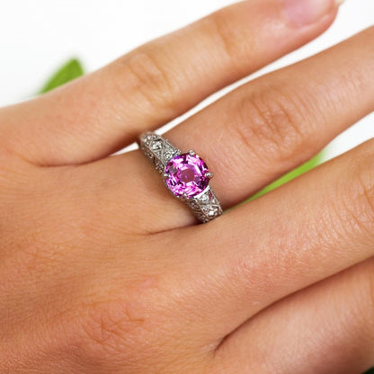 Pink Sapphire and Diamond Engagement Ring in Platinum, 1.57 carats
