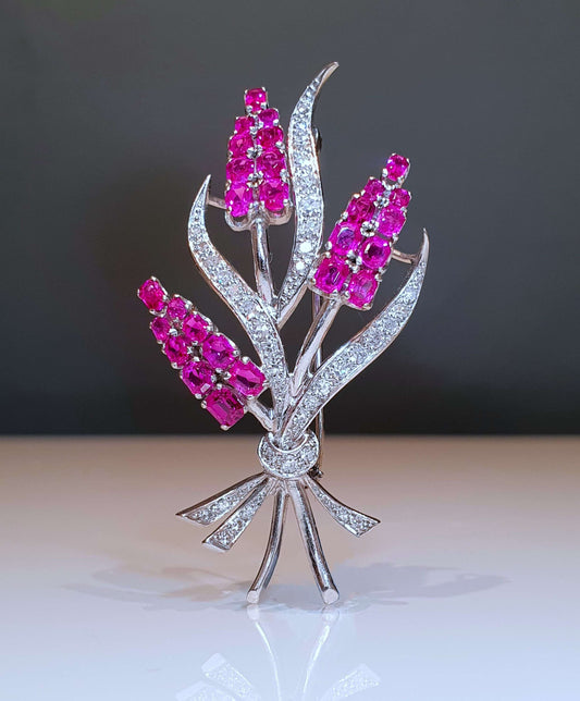 Vintage Burmese Pink Sapphire and Diamond Floral Spray Brooch in Platinum