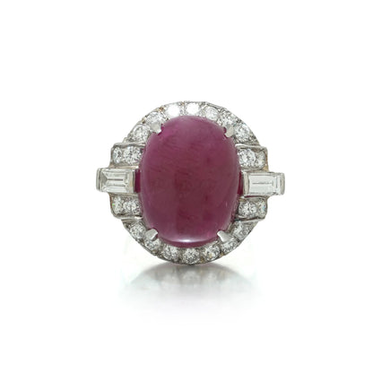 Vintage 19.15cts Burmese Cabochon Ruby and Diamond Cocktail Ring,