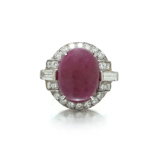 Vintage 19.15cts Burmese Cabochon Ruby and Diamond Cocktail Ring,