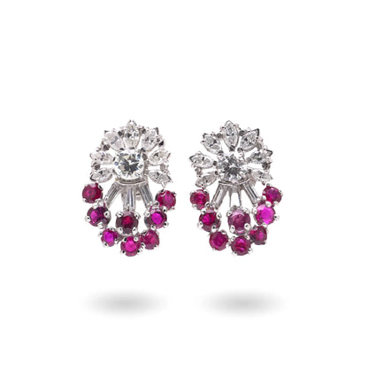 A pair of diamond and ruby fancy cluster stud earrings in platinum
